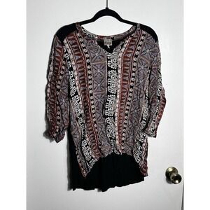 COMO Vintage Womens XL Boho Print Top 3/4 Sleeve Rayon Mixed Media Blouse V-Neck